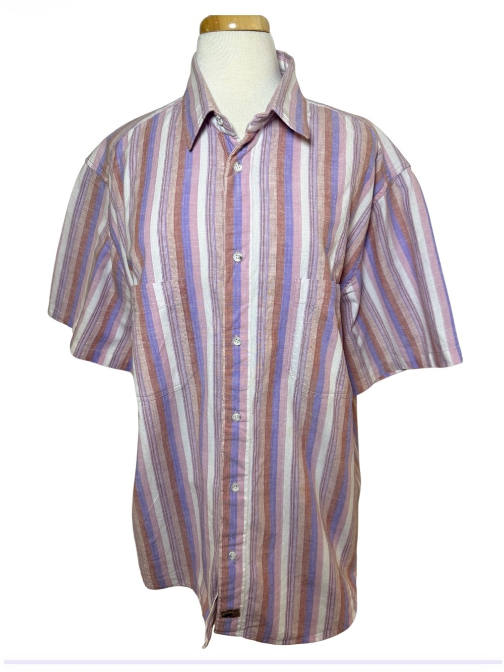 Men's Short-Sleeve Striped Button-Up Shirt in Lavender and Tan-Size 1X